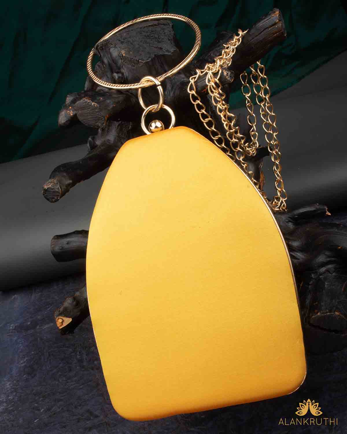 Tanjore Painted Pure Yellow Silk Clutch Bag