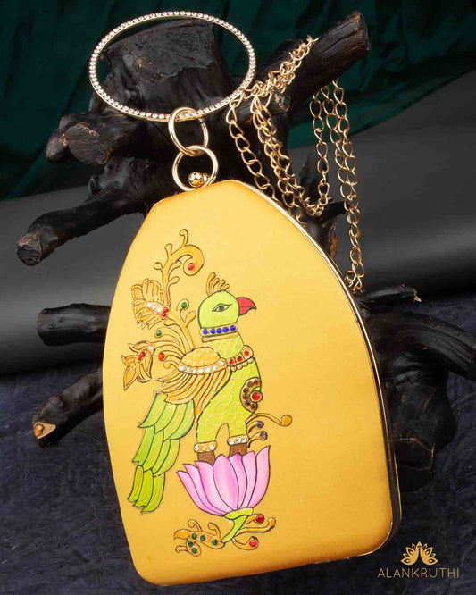 Tanjore Painted Pure Yellow Silk Clutch Bag