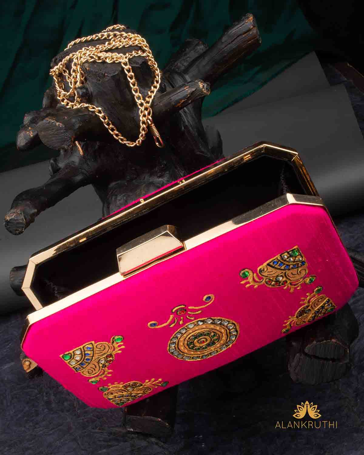 Tanjore Painted Pure Pink Silk Clutch Bag