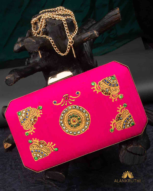 Tanjore Painted Pure Pink Silk Clutch Bag
