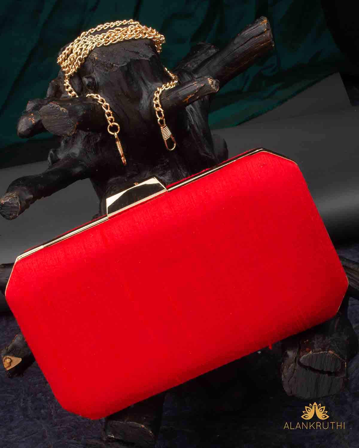 Tanjore Painted Pure Red Silk Clutch Bag