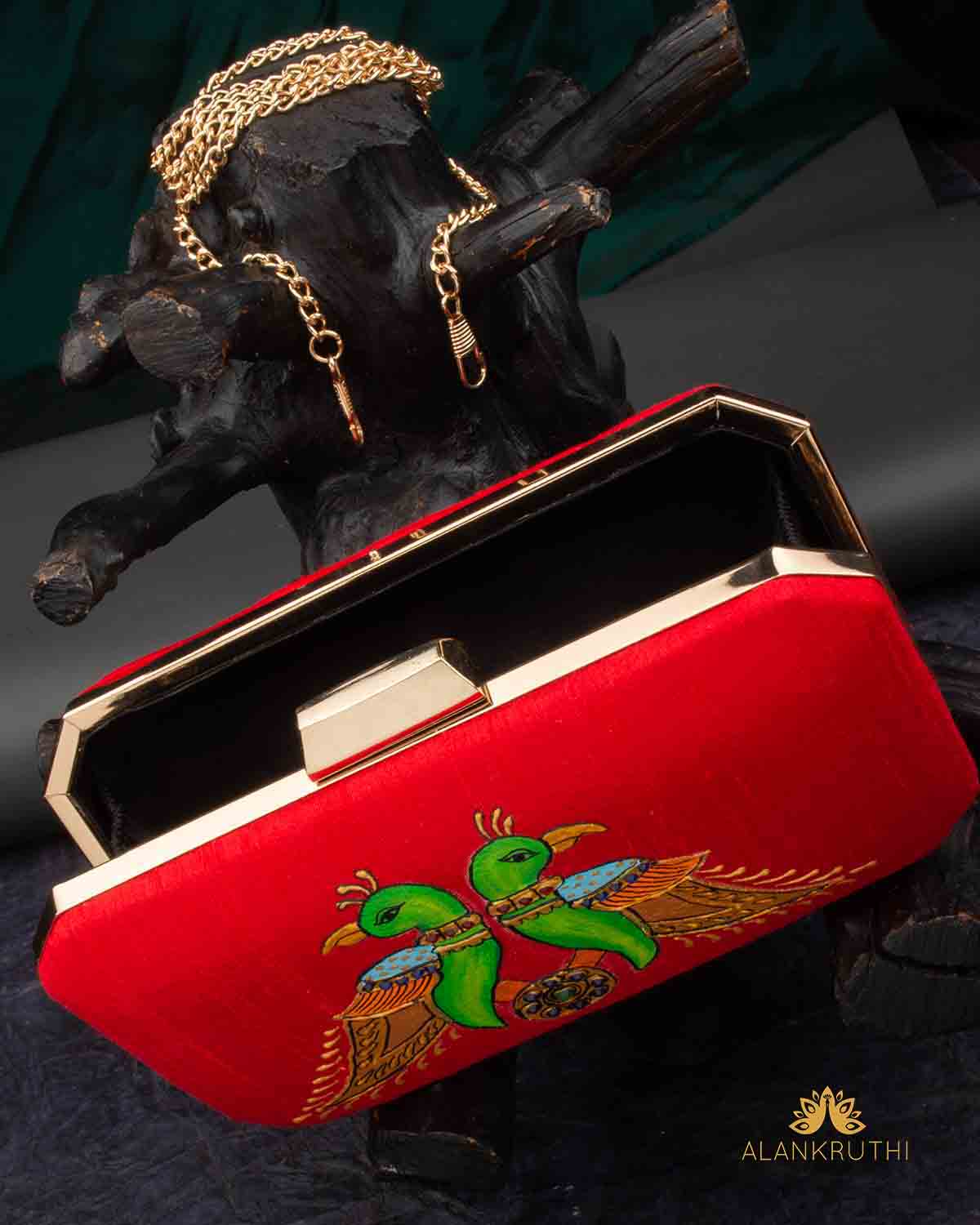 Tanjore Painted Pure Red Silk Clutch Bag