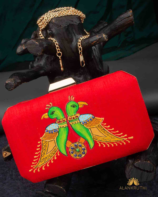 Tanjore Painted Pure Red Silk Clutch Bag