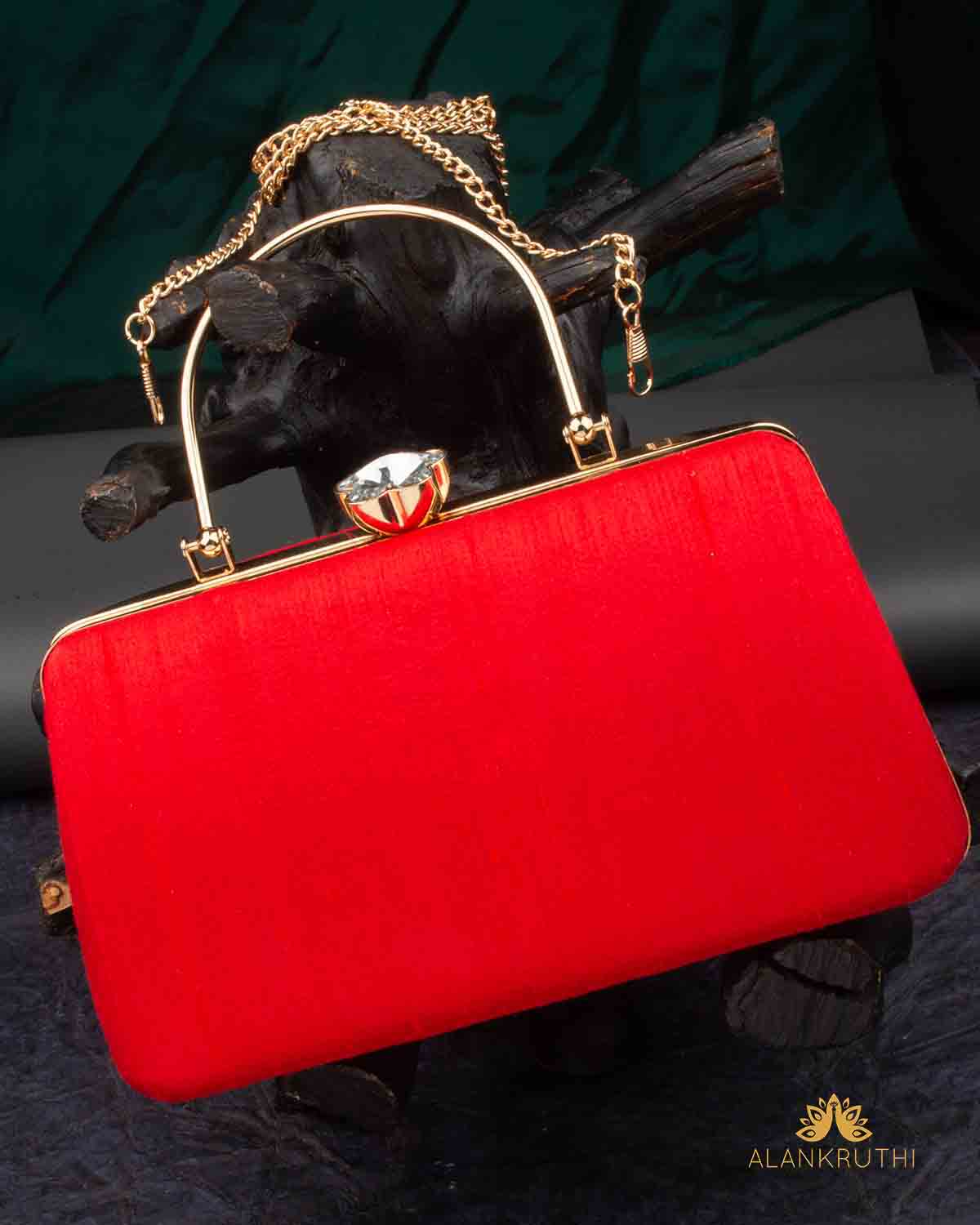 Tanjore Painted Pure Red Silk Clutch Bag