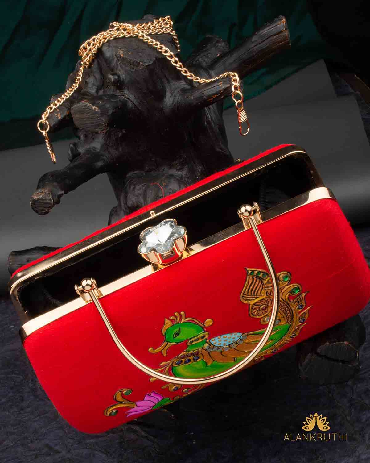 Tanjore Painted Pure Red Silk Clutch Bag