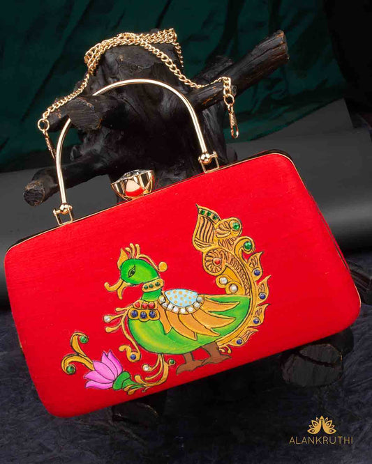 Tanjore Painted Pure Red Silk Clutch Bag