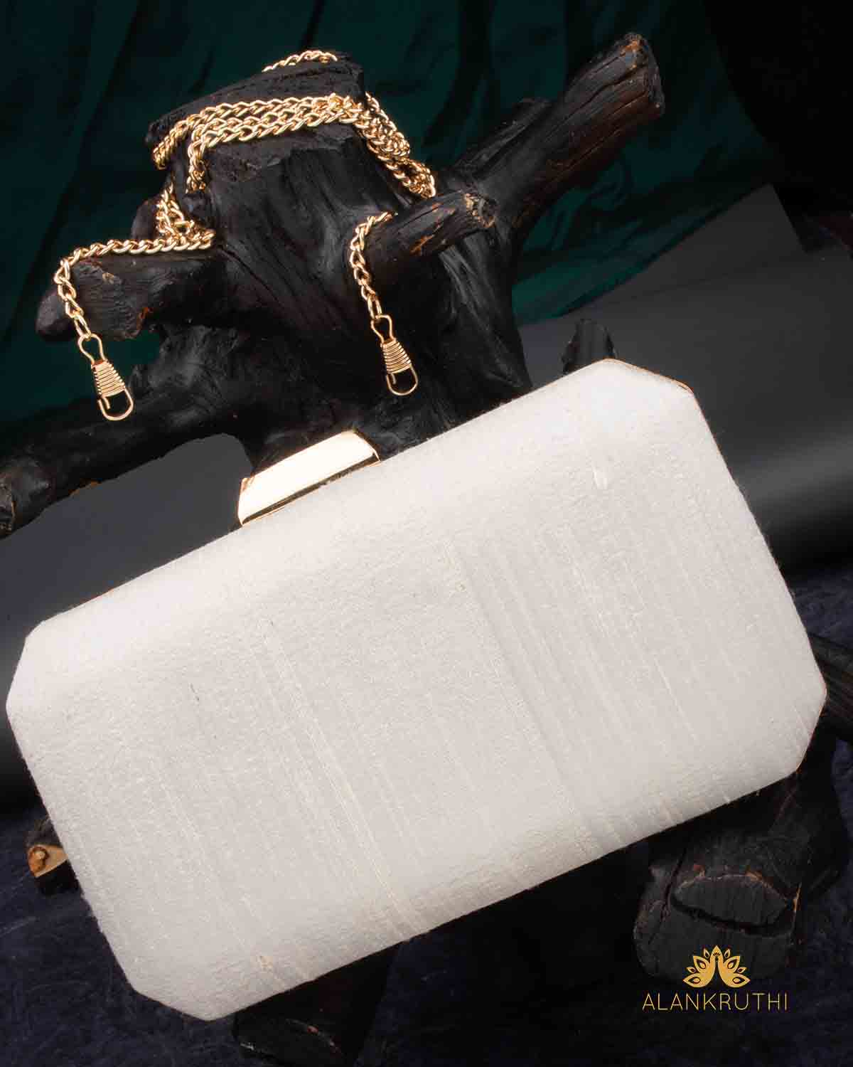 Tanjore Painted Pure White Silk Clutch Bag