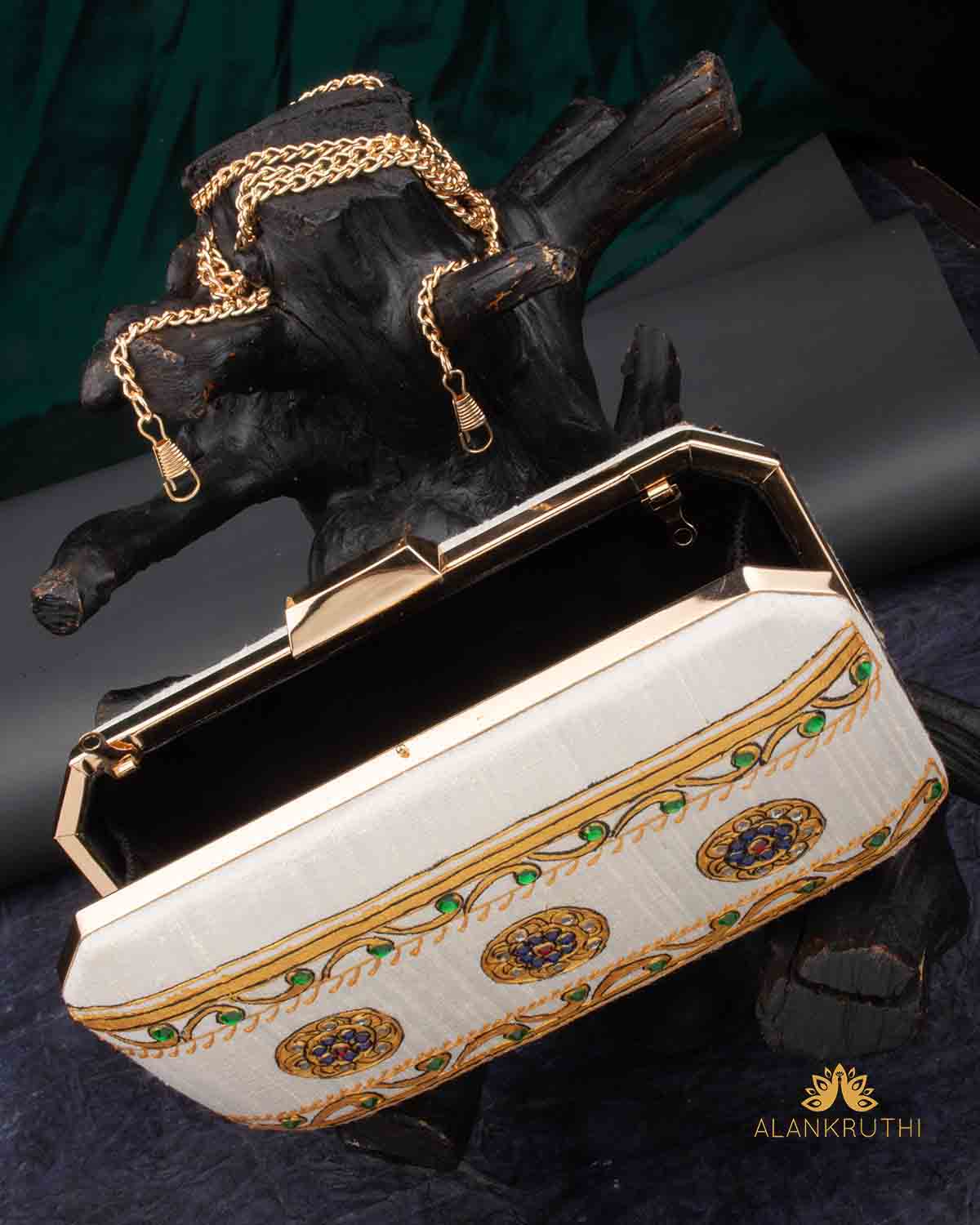 Tanjore Painted Pure White Silk Clutch Bag