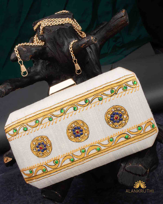 Tanjore Painted Pure White Silk Clutch Bag