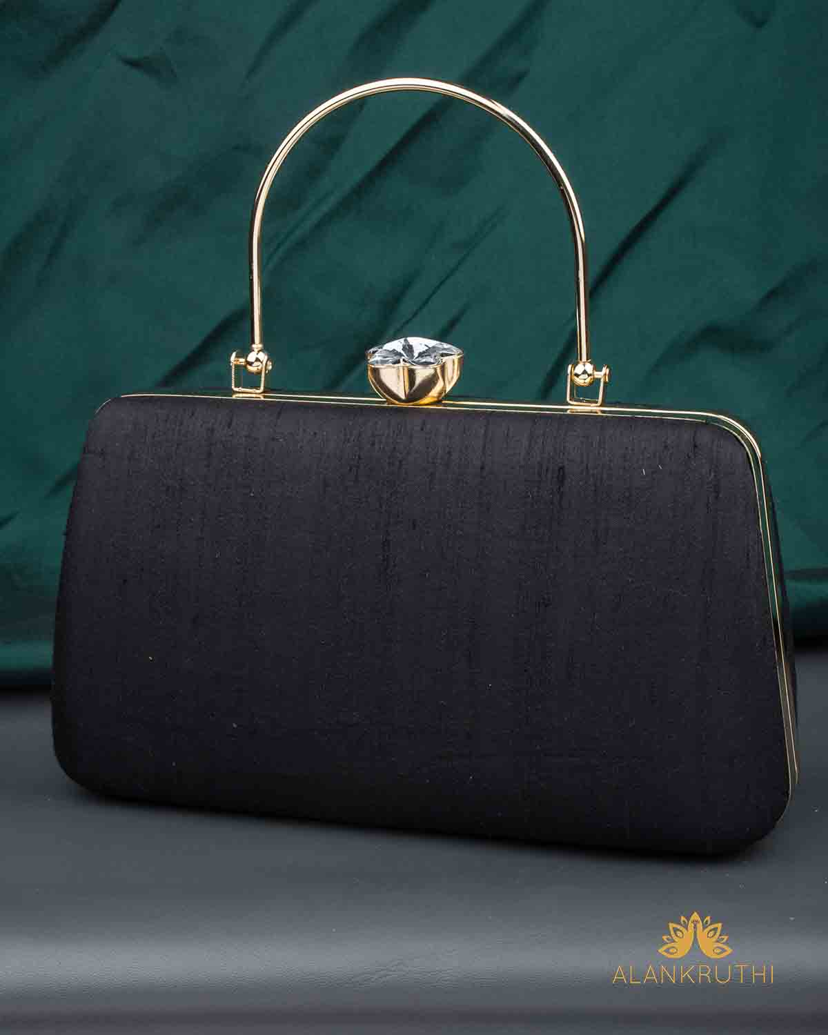 Tanjore Painted Pure Black Silk Clutch Bag