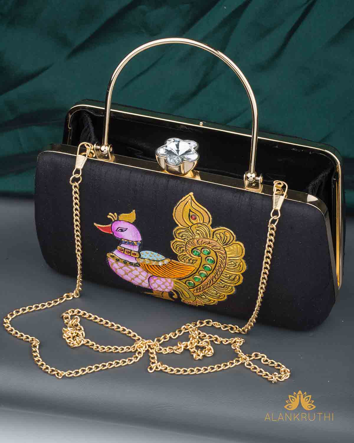 Tanjore Painted Pure Black Silk Clutch Bag