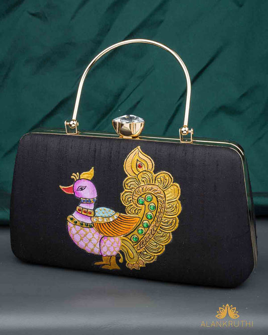 Tanjore Painted Pure Black Silk Clutch Bag