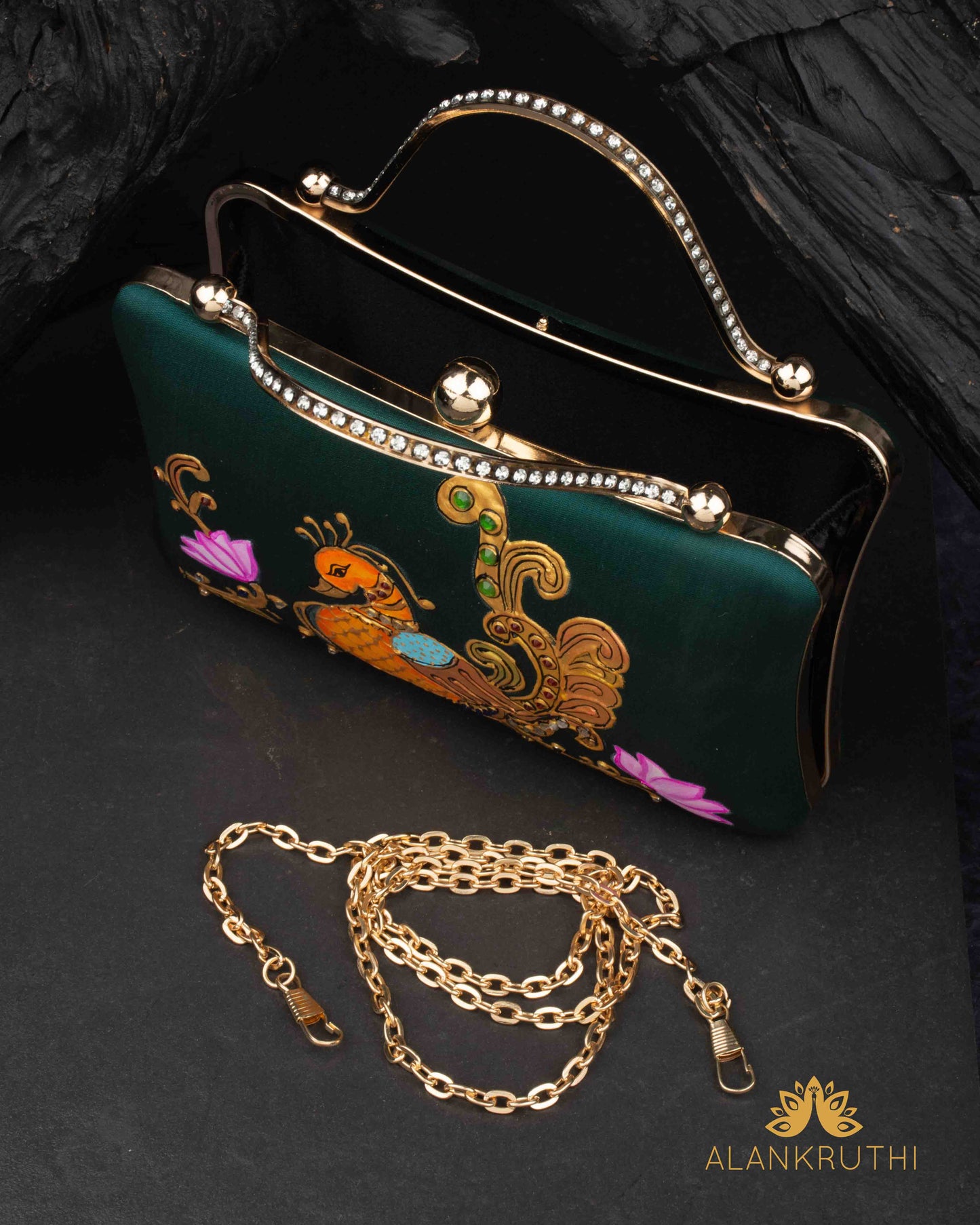Tanjore Painted Pure Green Silk Clutch Bag