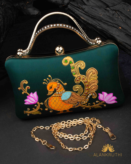 Tanjore Painted Pure Green Silk Clutch Bag