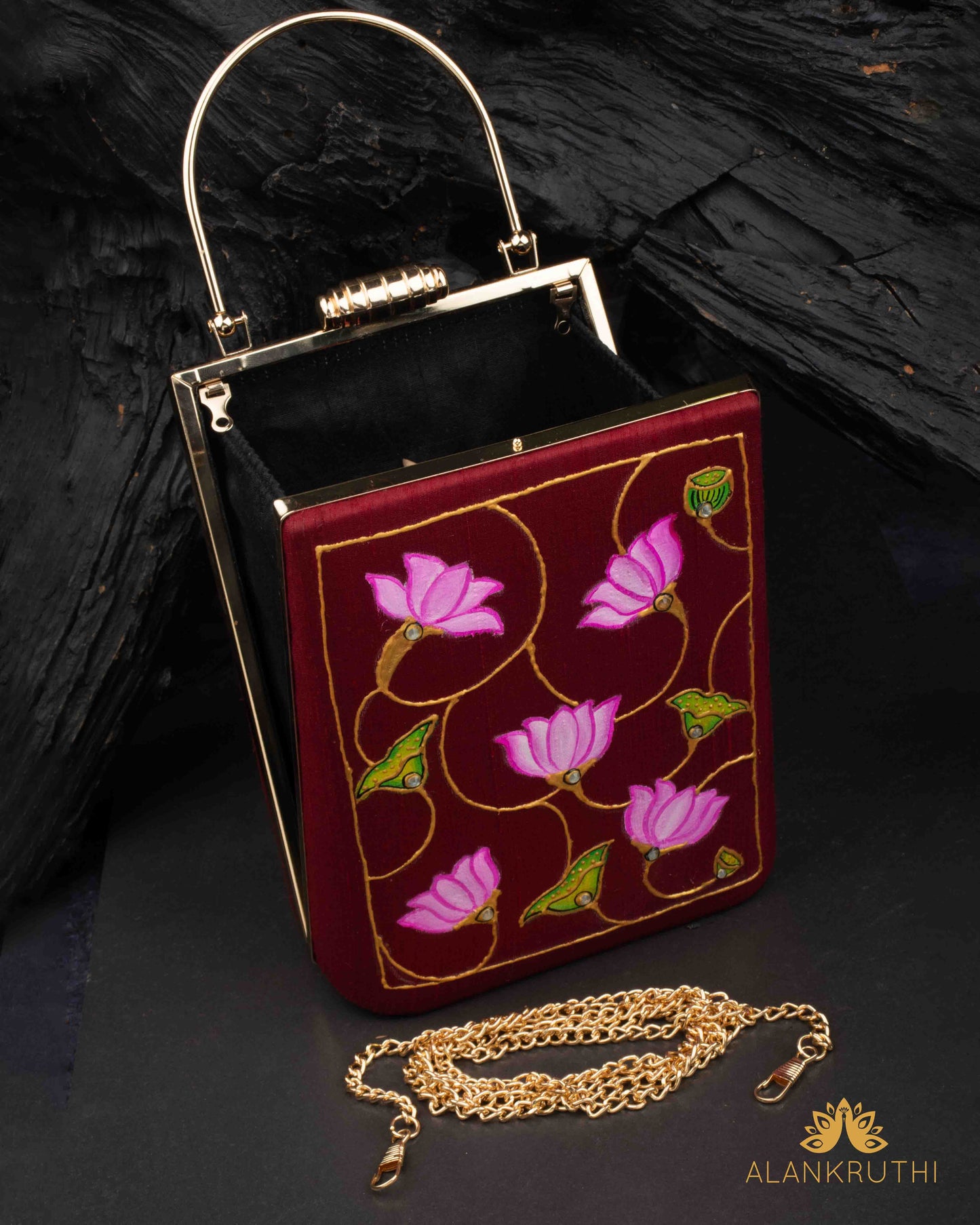 Tanjore Painted Pure Maroon Silk Clutch Bag