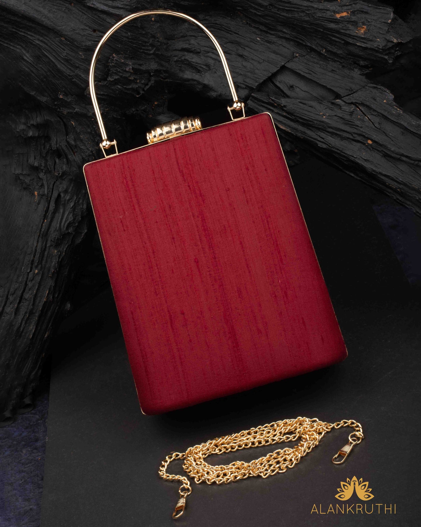 Tanjore Painted Pure Maroon Silk Clutch Bag