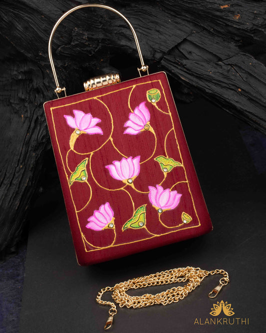 Tanjore Painted Pure Maroon Silk Clutch Bag