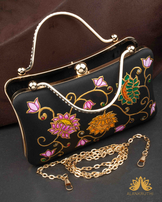 Tanjore Painted Pure Black Silk Clutch Bag