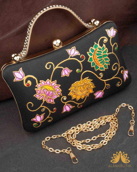 Tanjore Painted Pure Black Silk Clutch Bag
