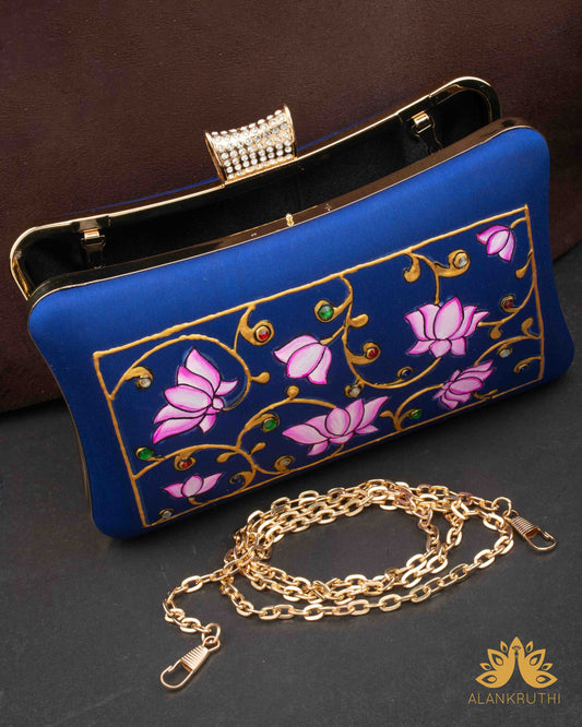 Tanjore Painted Pure Blue Silk Clutch Bag