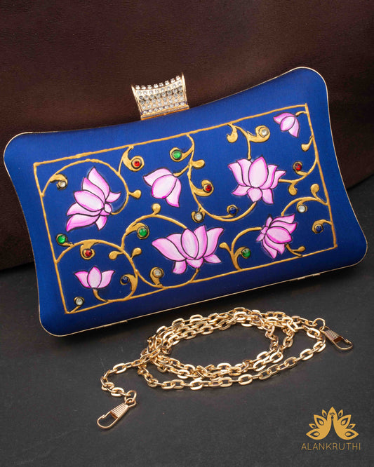 Tanjore Painted Pure Blue Silk Clutch Bag