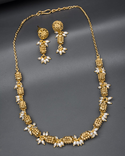 Antique Finish Golden Beads Necklace with Rice Pearl