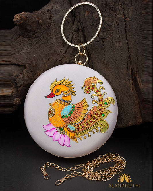 Tanjore Painted Pure White Silk Clutch Bag