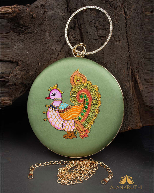 Tanjore Painted Pure Mint Green Silk Clutch Bag