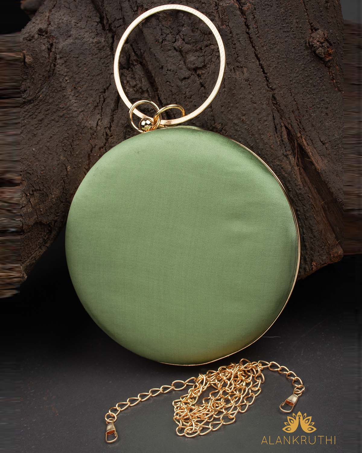 Tanjore Painted Pure Mint Green Silk Clutch Bag