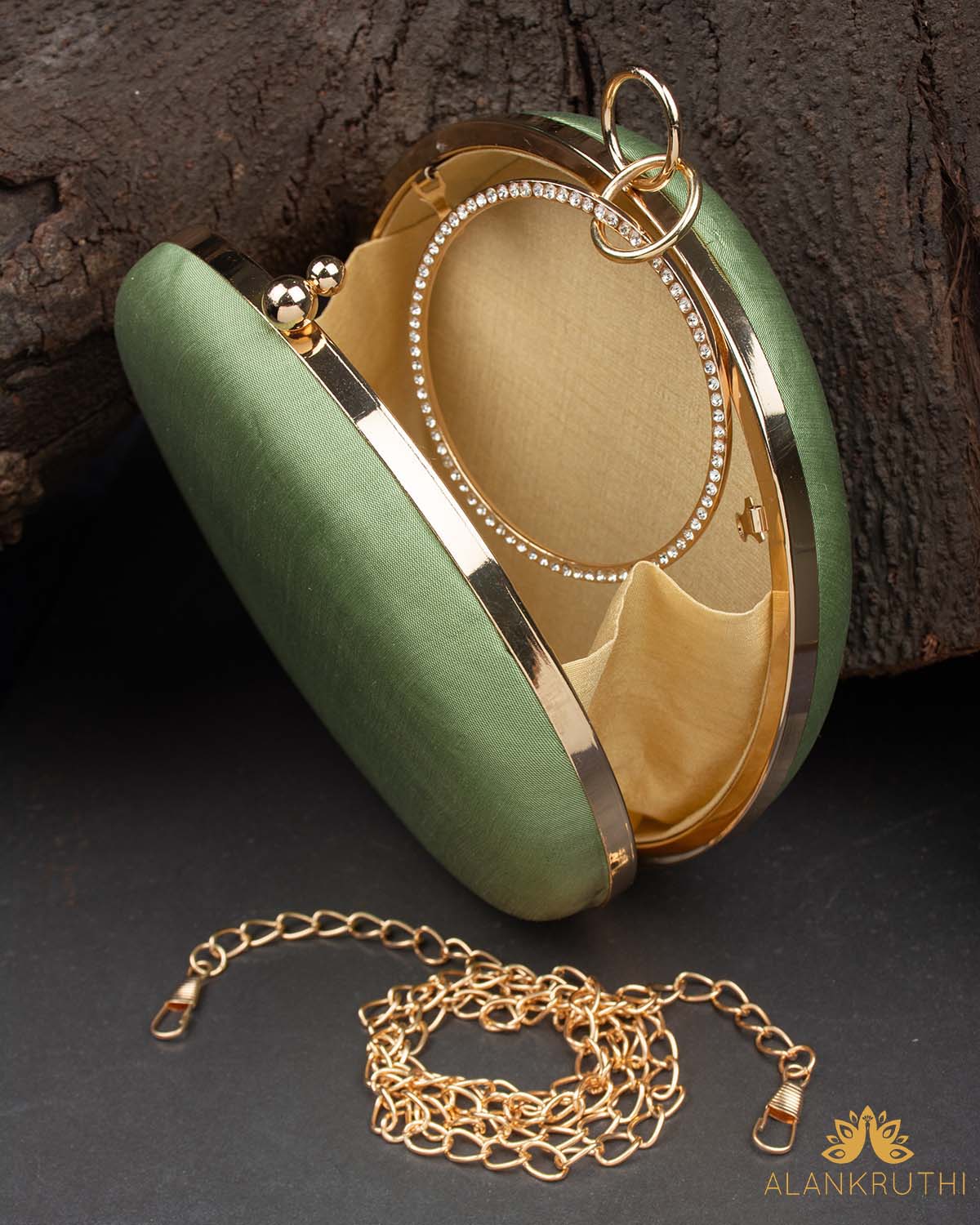 Tanjore Painted Pure Mint Green Silk Clutch Bag