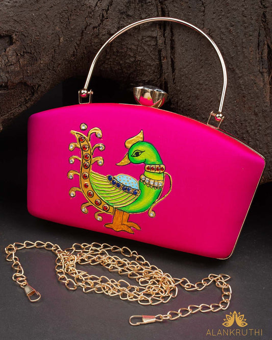 Tanjore Painted Pure Pink Silk Clutch Bag