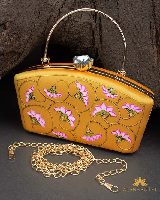 Tanjore Painted Pure Yellow Silk Clutch Bag