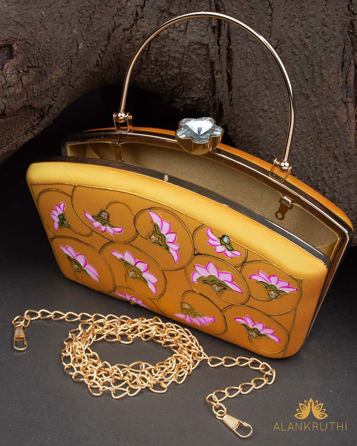 Tanjore Painted Pure Yellow Silk Clutch Bag