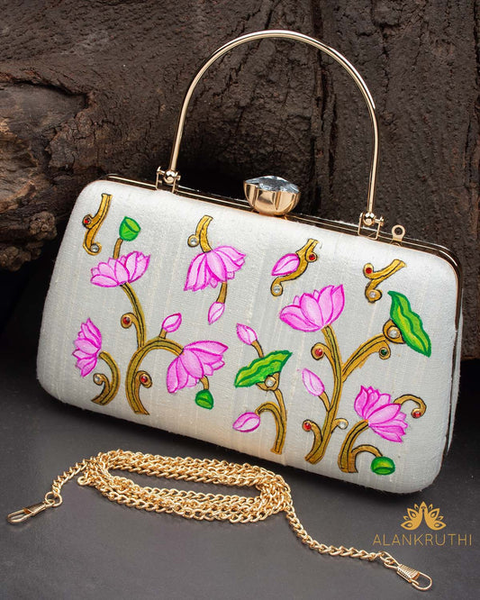 Tanjore Painted Pure White Silk Clutch Bag