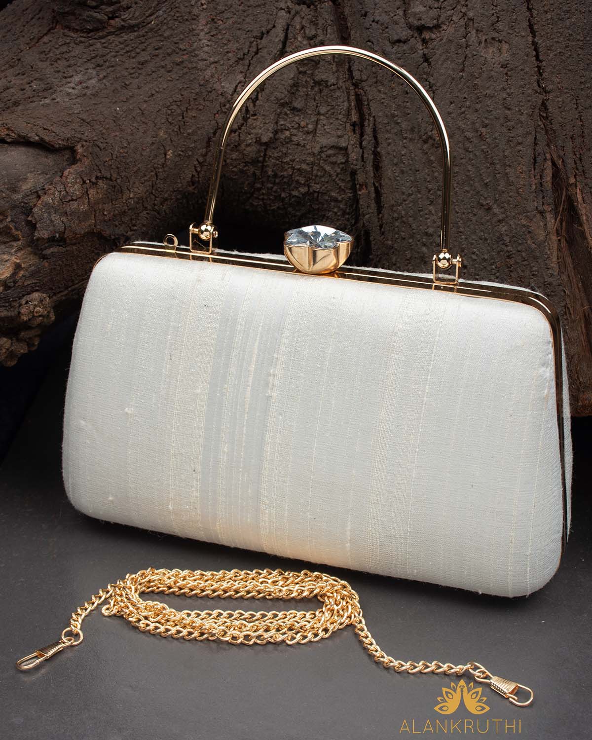 Tanjore Painted Pure White Silk Clutch Bag