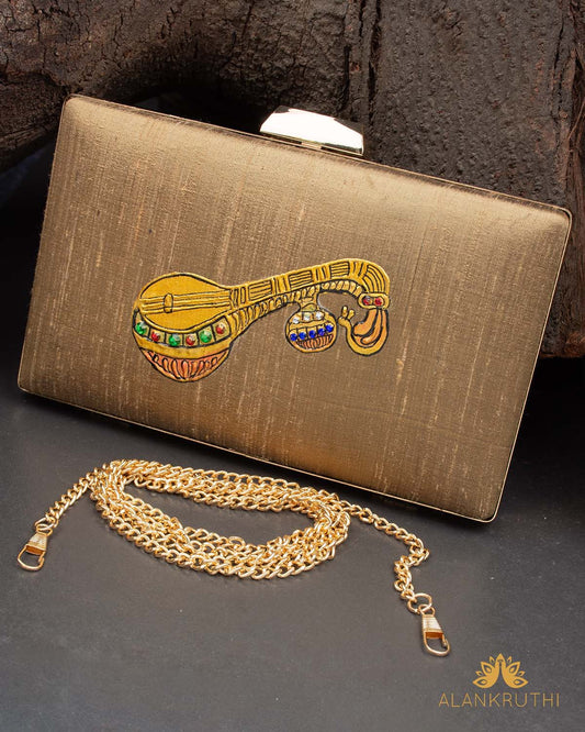 Tanjore Painted Pure Golden Silk Clutch Bag