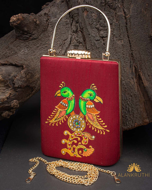 Tanjore Painted Pure Maroon Silk Clutch Bag