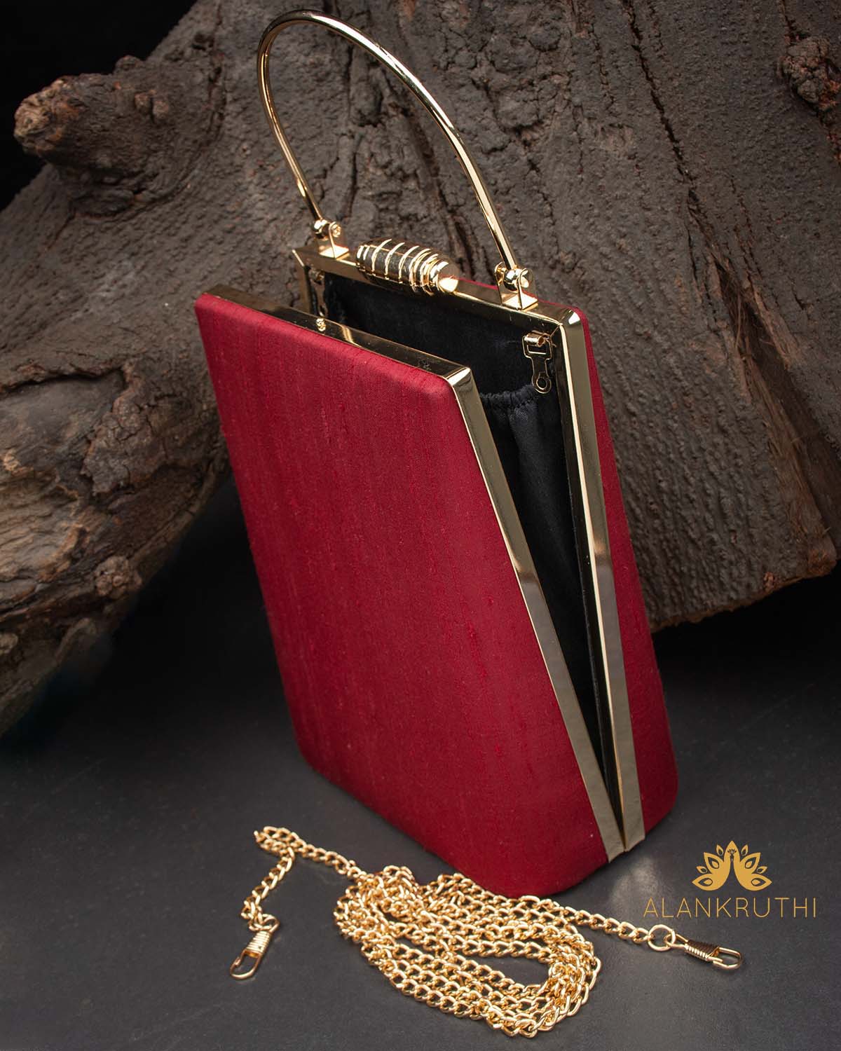 Tanjore Painted Pure Maroon Silk Clutch Bag
