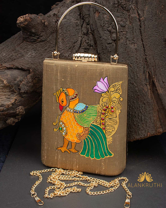 Tanjore Painted Pure Golden Silk Clutch Bag