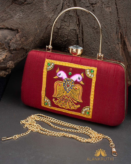 Tanjore Painted Pure Maroon Silk Clutch Bag