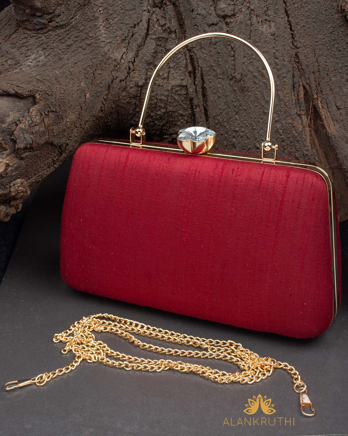 Tanjore Painted Pure Maroon Silk Clutch Bag
