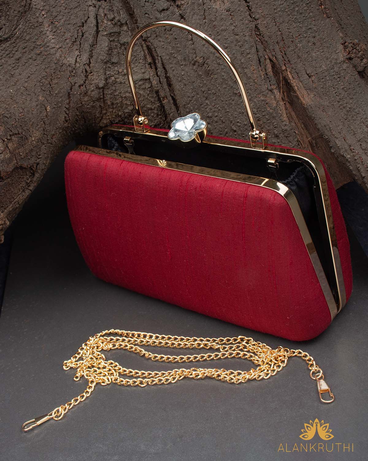 Tanjore Painted Pure Maroon Silk Clutch Bag