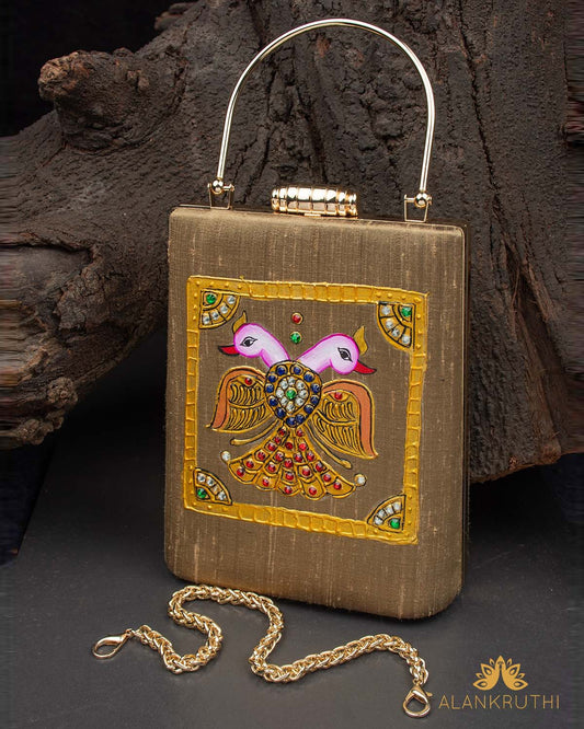 Tanjore Painted Pure Golden Silk Clutch Bag