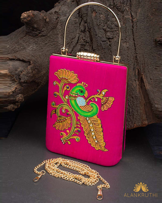 Tanjore Painted Pure Pink Silk Clutch Bag