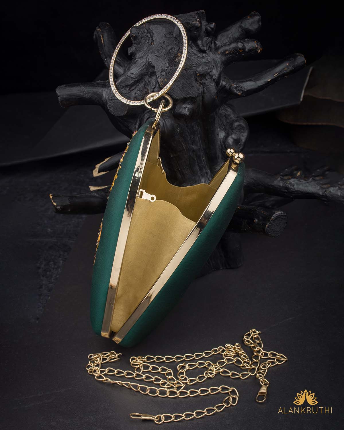 Tanjore Painted Pure Green Silk Clutch Bag
