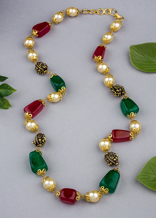 Gold Plated Ruby Green Stone Studded Mala
