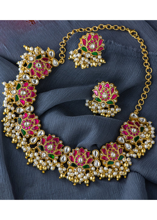 Antique Jadau Multi Stone Lotus Necklace Set