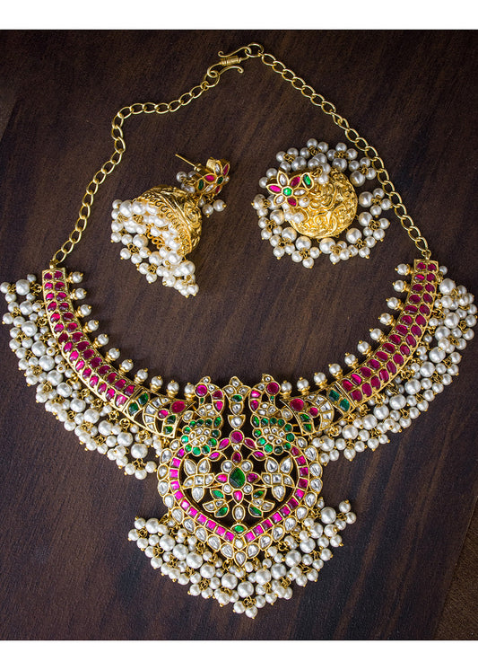 Antique Jadau Pearl Drops Multi Stone Necklace Set