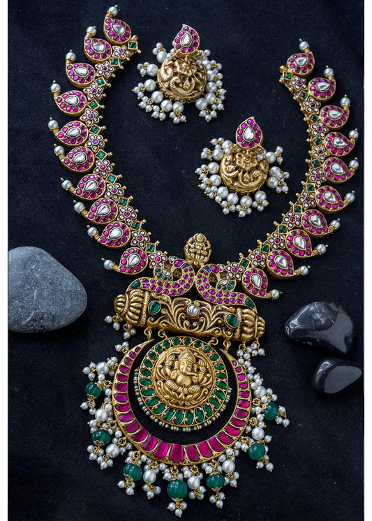 Antique Jadau Multi Stone Ganesha Necklace Set