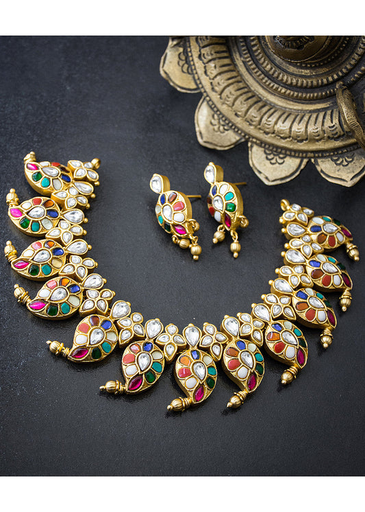 Antique Jadau Navarathna Stone Necklace Set